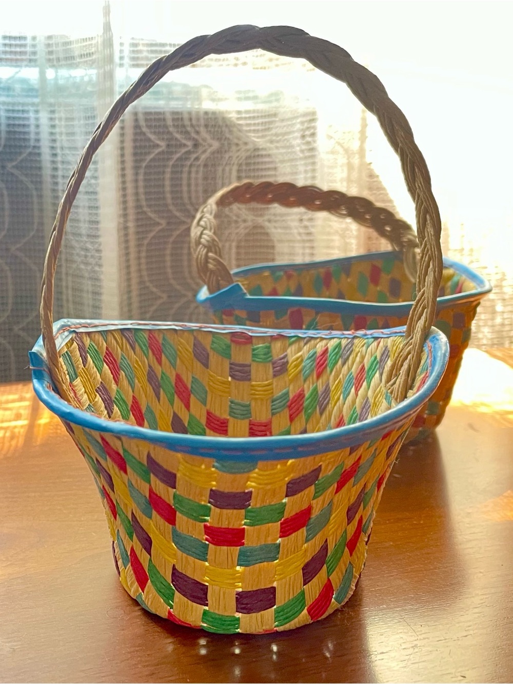 Vintage Multicolored Mini Woven Bamboo Baskets (Set of 2)